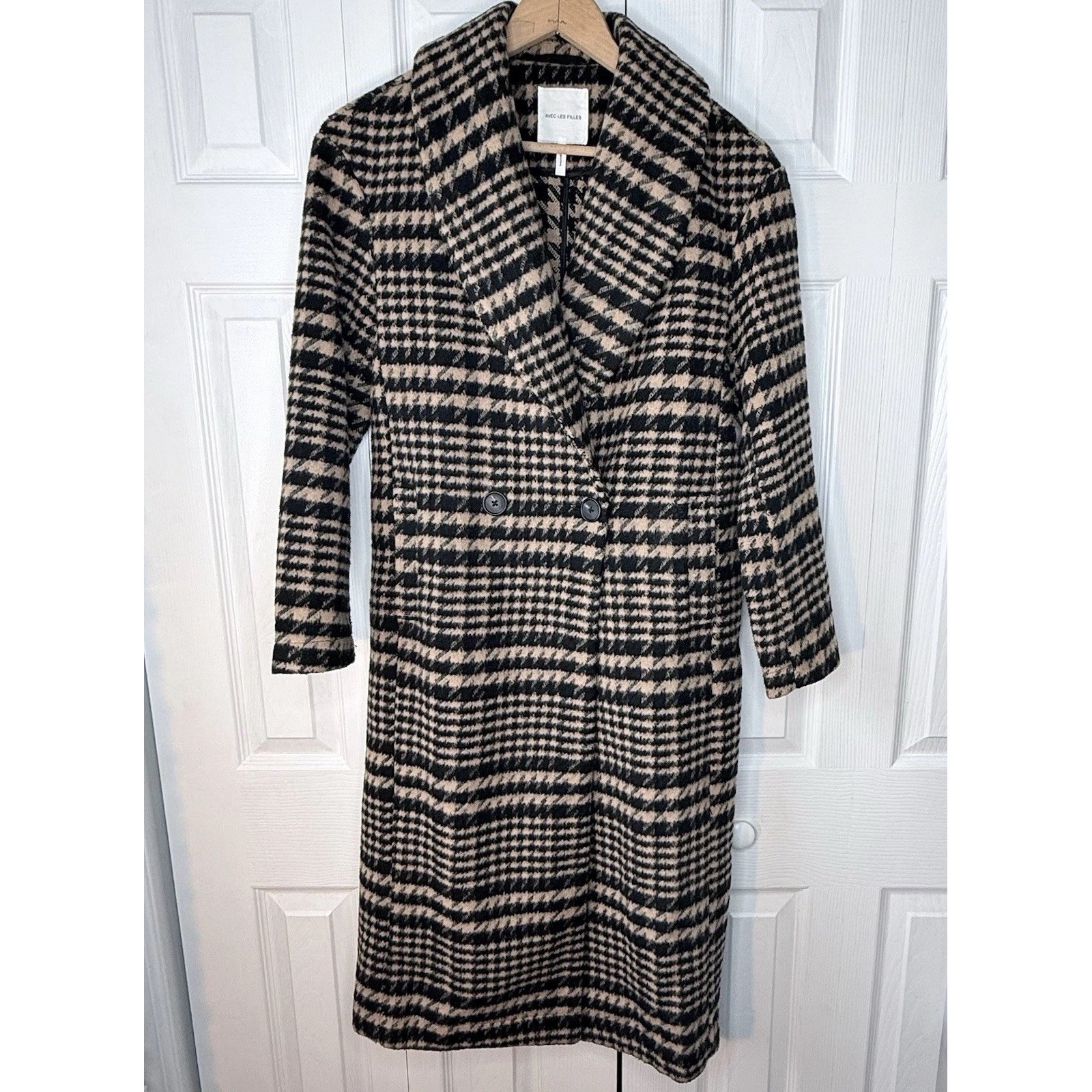 Avec Les Filles Wool Overcoat Womens Small Houndstooth Plaid Preppy Academia